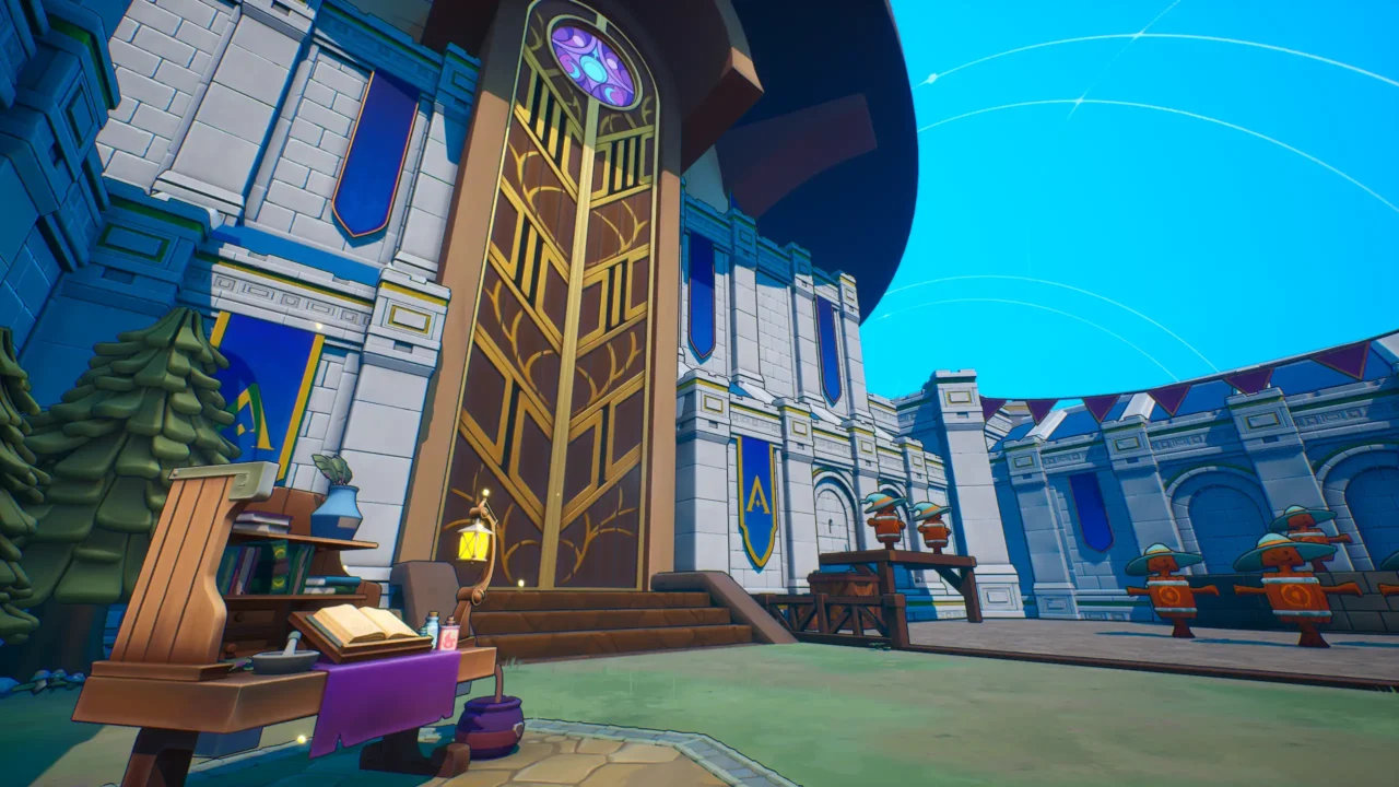 Training courtyard outside the academy tower door in Brew, with practice dummies and desks.