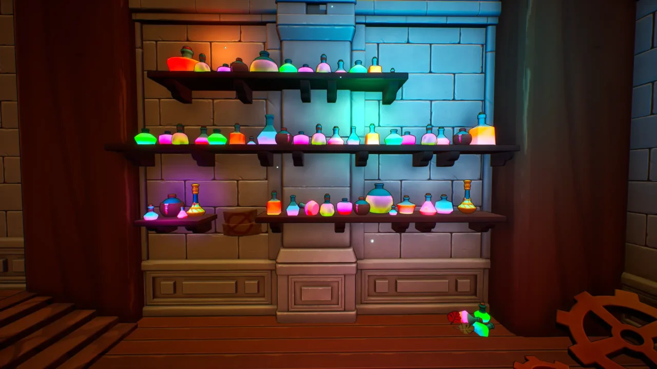 Colorful alchemy potions lined up on wooden shelves inside the academy in Brew.