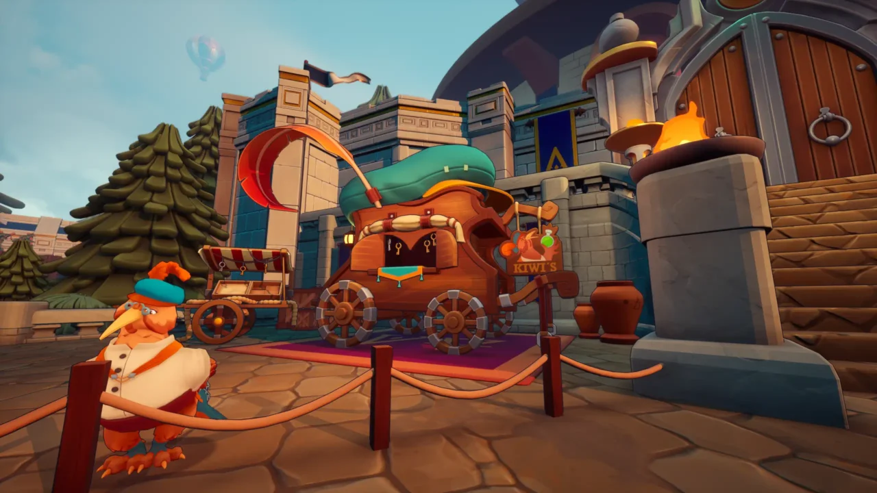 Merchant wagon and Kiwi character in front of the academy entrance in Brew.