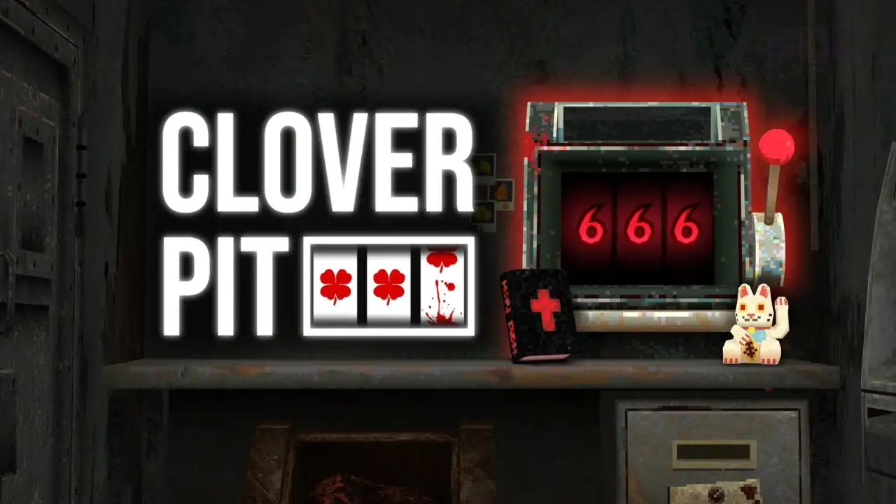 CloverPit title card with a grimy slot machine showing “666” beside a maneki-neko, in a rust-stained room.
