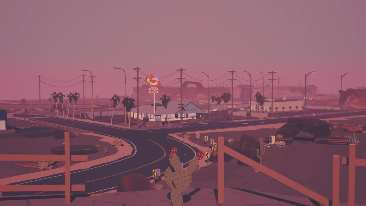 Dead Static Drive screenshot showing a desert highway crossroads at dusk, with a roadside diner and power lines in the distance.