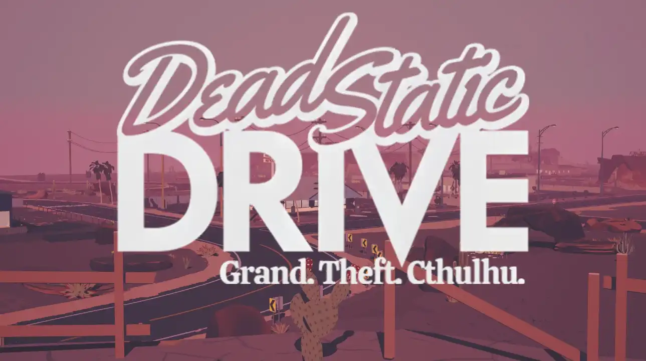 Dead Static Drive key art with a car drifting across a parking lot and the game logo in the foreground.
