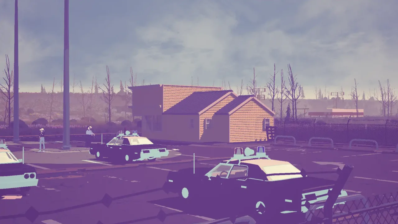 Dead Static Drive screenshot of several police cars parked outside a small building, with officers standing around the lot.