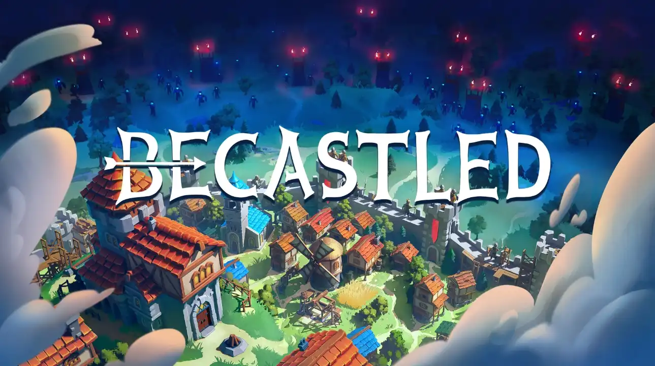 Key art for Decastled showing a bright medieval town inside castle walls with enemy forces approaching from a dark forest