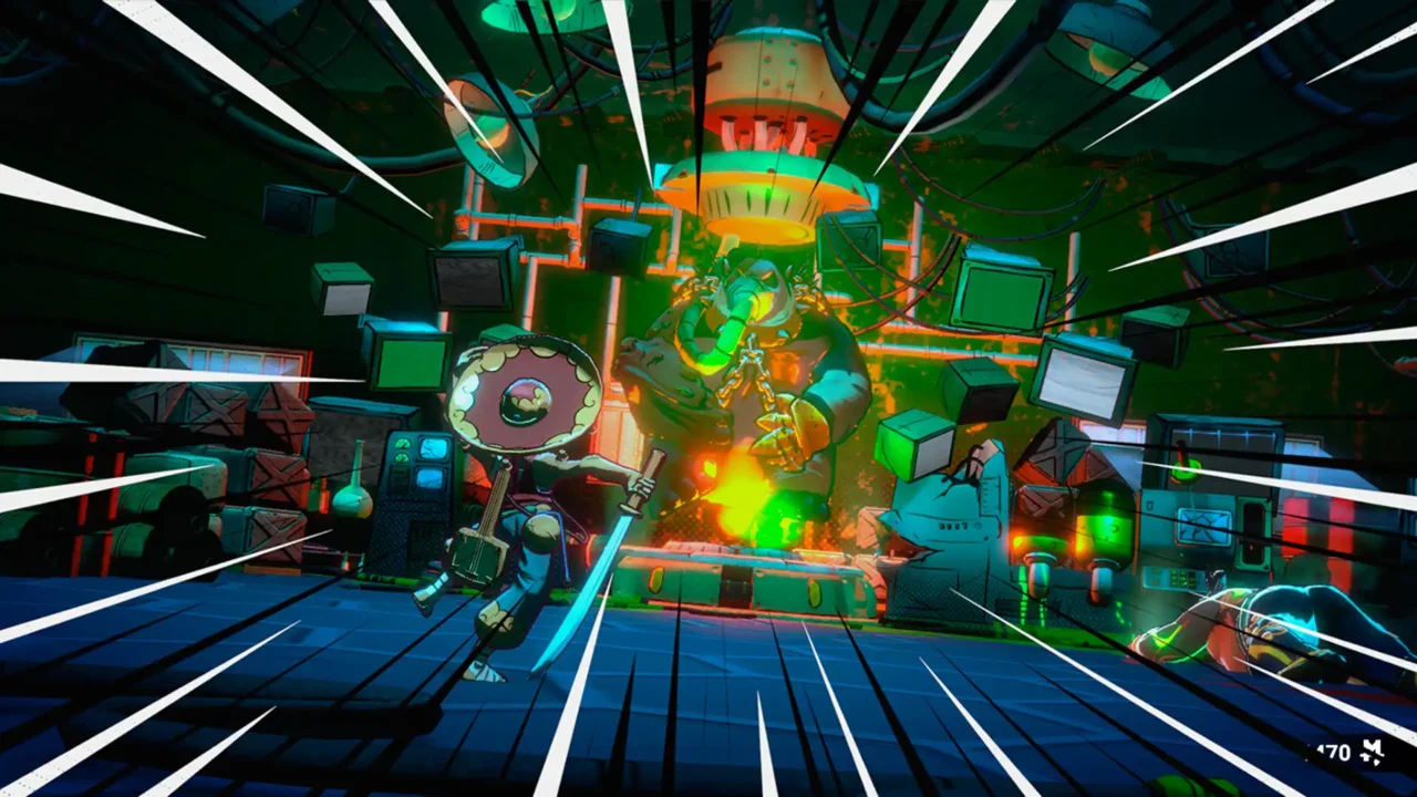 Mexican Ninja PC demo – the sombrero-wearing hero faces a giant chained enemy in a chaotic neon lab.
