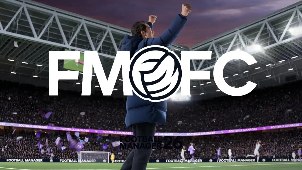 FMFC logo over a manager celebrating in a packed stadium at dusk — Football Manager 2026.