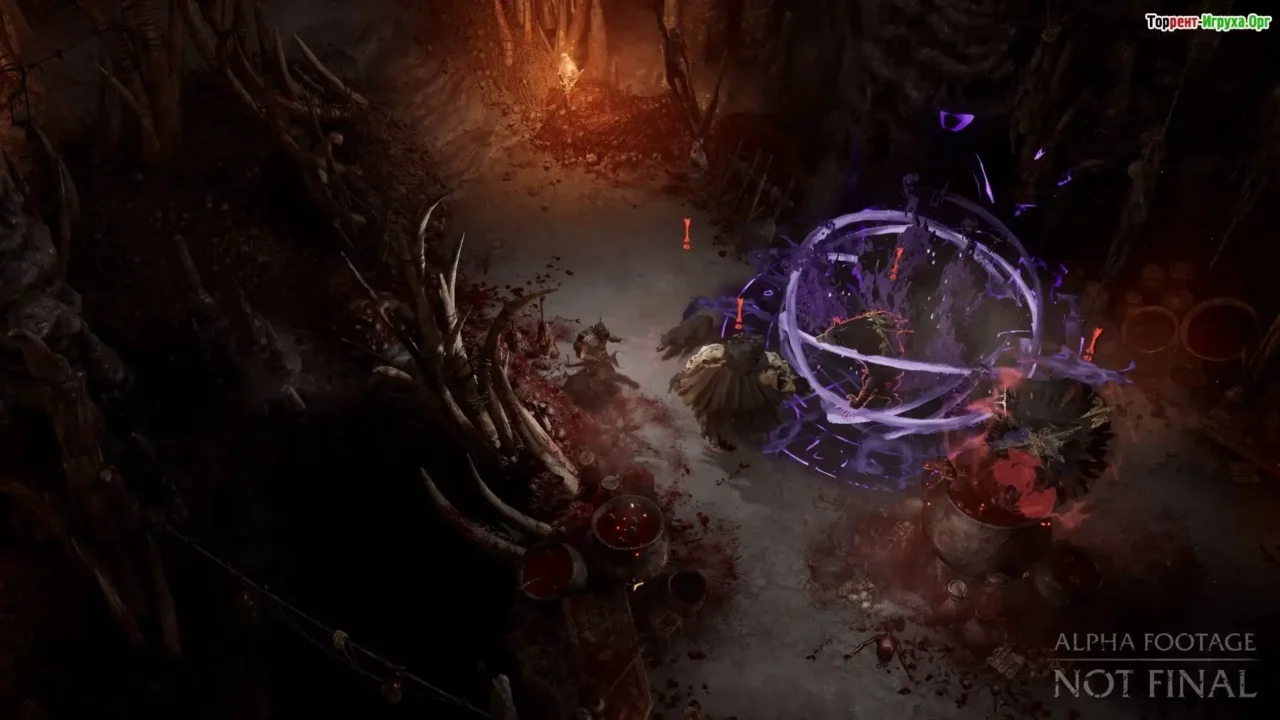 Gods, Death & Reapers alpha — blood-ritual arena with purple ward and enemies