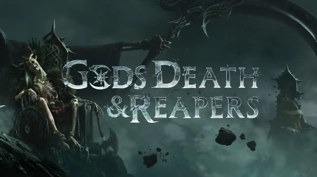 Gods, Death & Reapers key art — dark fantasy extraction RPG logo with skeletal throne