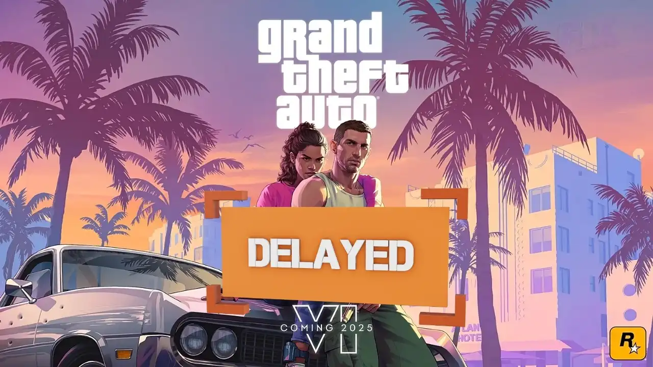 GTA VI key art with an orange “DELAYED” banner over a Vice City backdrop