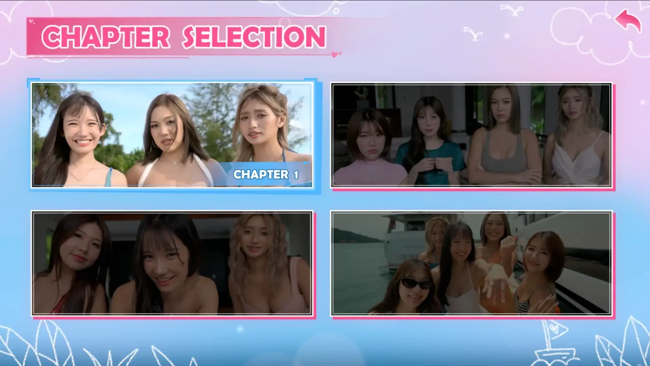 Island of Hearts chapter selection screen showing four thumbnail scenes from the story