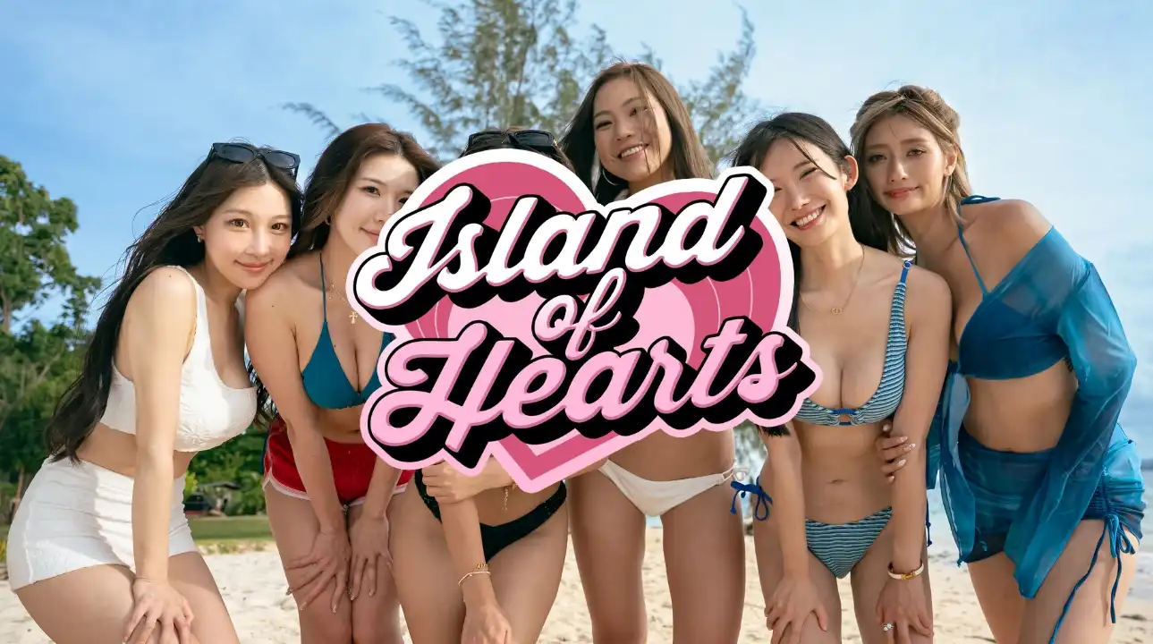 Island of Hearts logo over six women in swimwear posing together on a tropical beach
