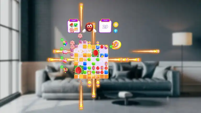 Mixed reality Jolly Match 3 MR board firing laser beams across a living room