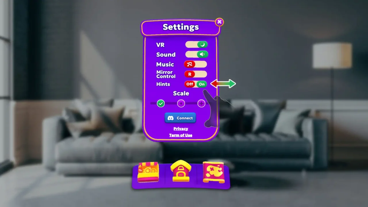 Jolly Match 3 MR settings menu showing hints toggle with Off and On buttons