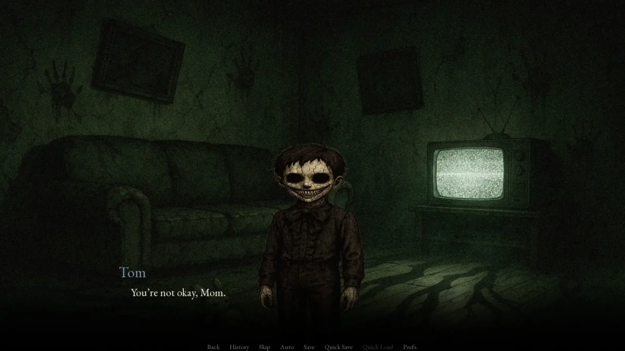 Tom, a cracked doll-like child with a wide grin, stands in a dark living room with a flickering TV in Luce Spenta.