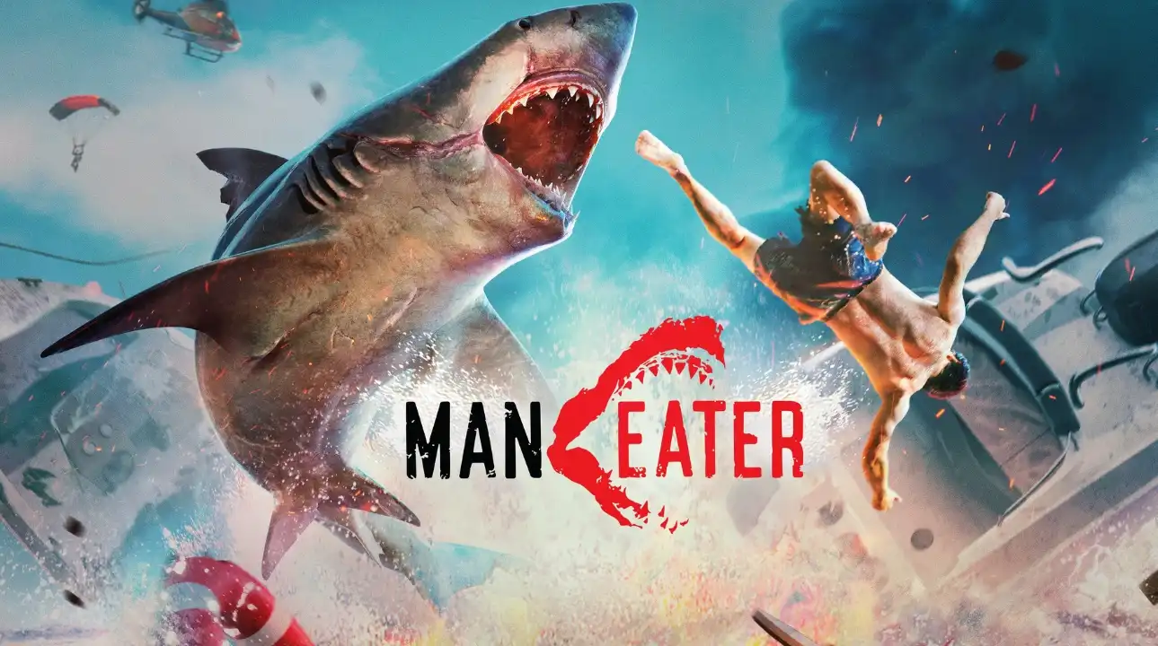 Key art for Maneater showing a huge shark leaping from the water toward a man thrown from a speedboat
