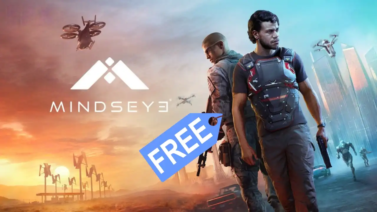 MindsEye key art with two characters standing back to back and a blue FREE tag highlighting the new starter pack.
