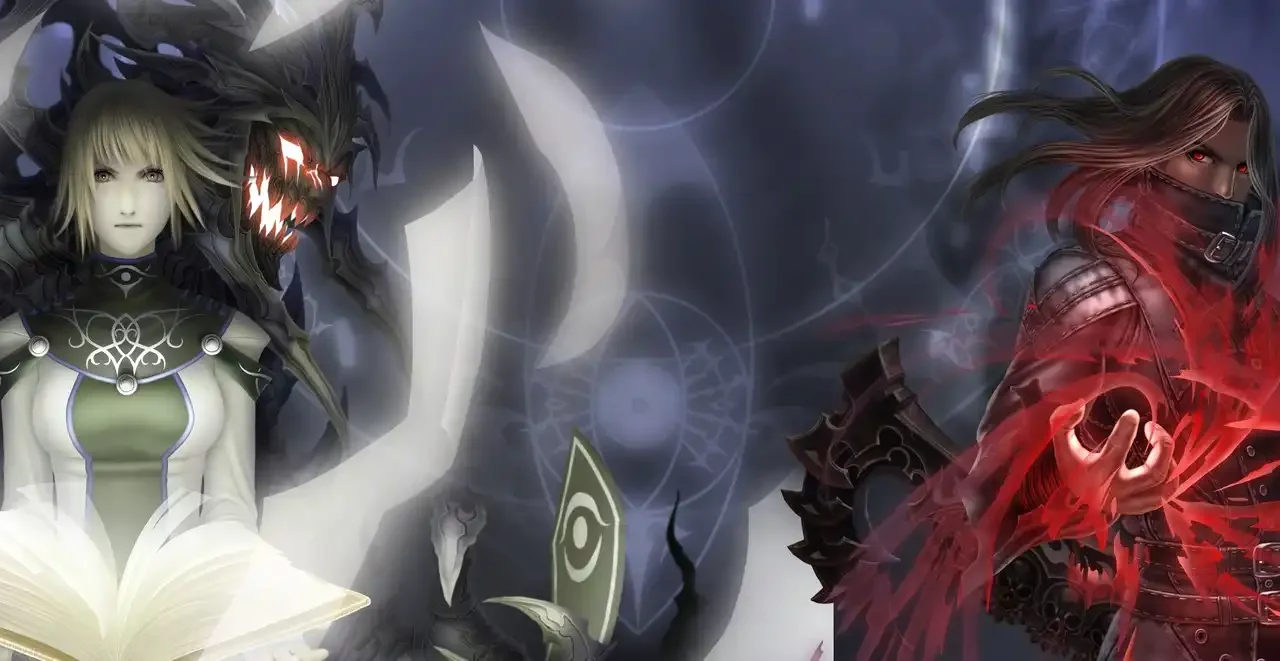 Ultrawide artwork with the female protagonist and glowing book on the left and a red-energy wielding male on the right, Anima Gate of Memories I&II Remaster.