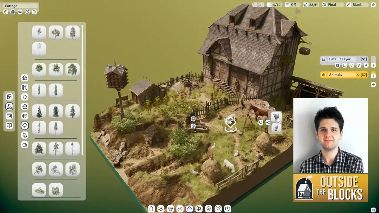 Outside the Blocks medieval diorama scene with in-game tools, plus portrait of solo developer Michał Kubas and the game logo.