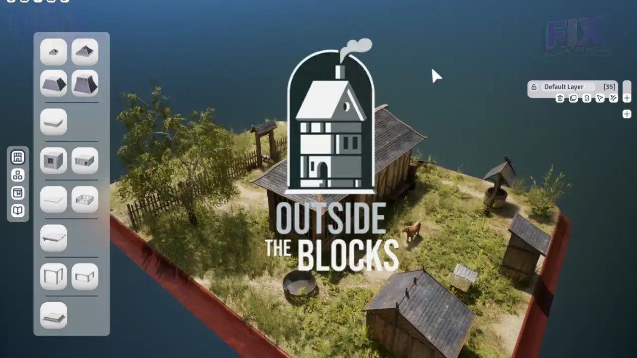 Outside the Blocks interface showing a medieval diorama with cottages, trees, and terrain tools.