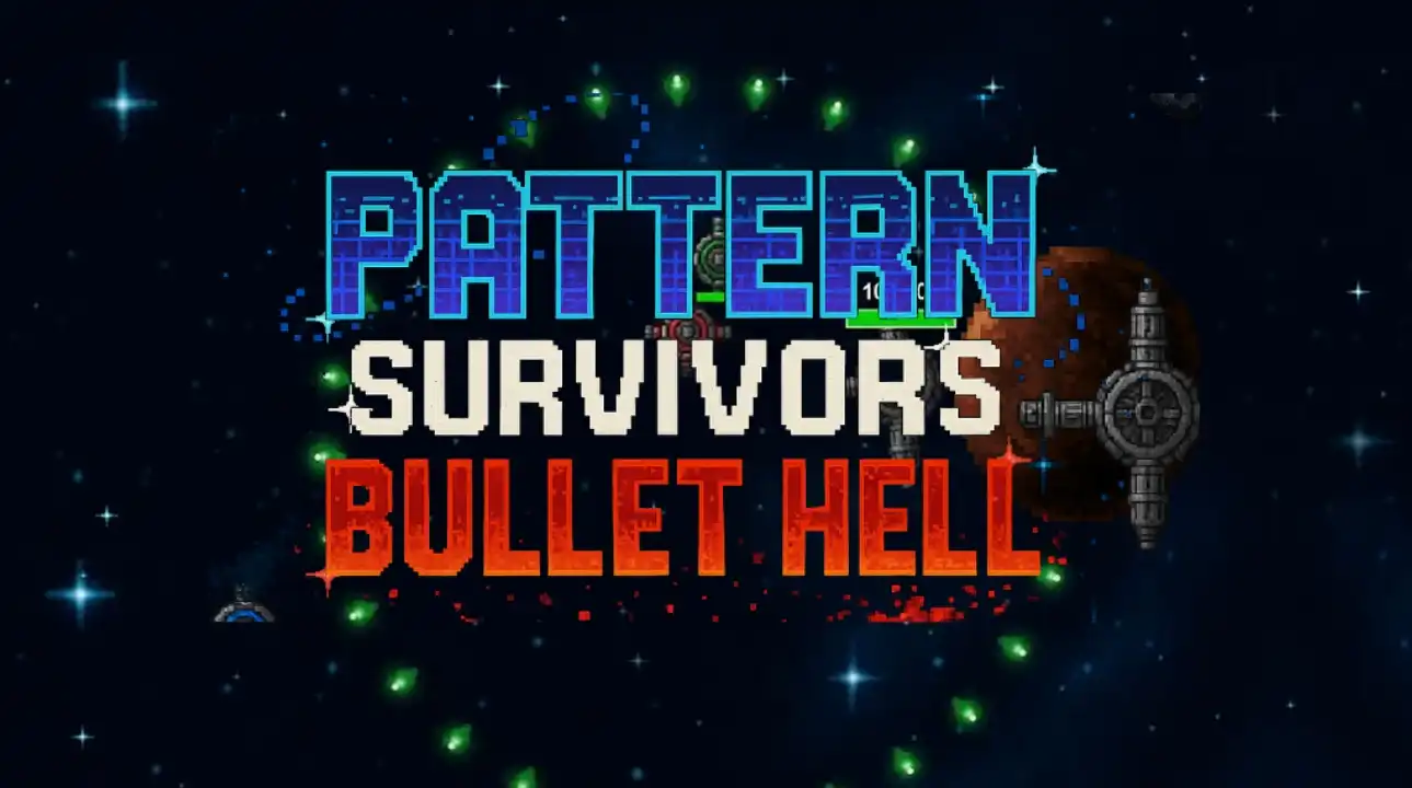 Logo for Pattern Survivors: Bullet Hell showing a space station and green bullet patterns against a starfield