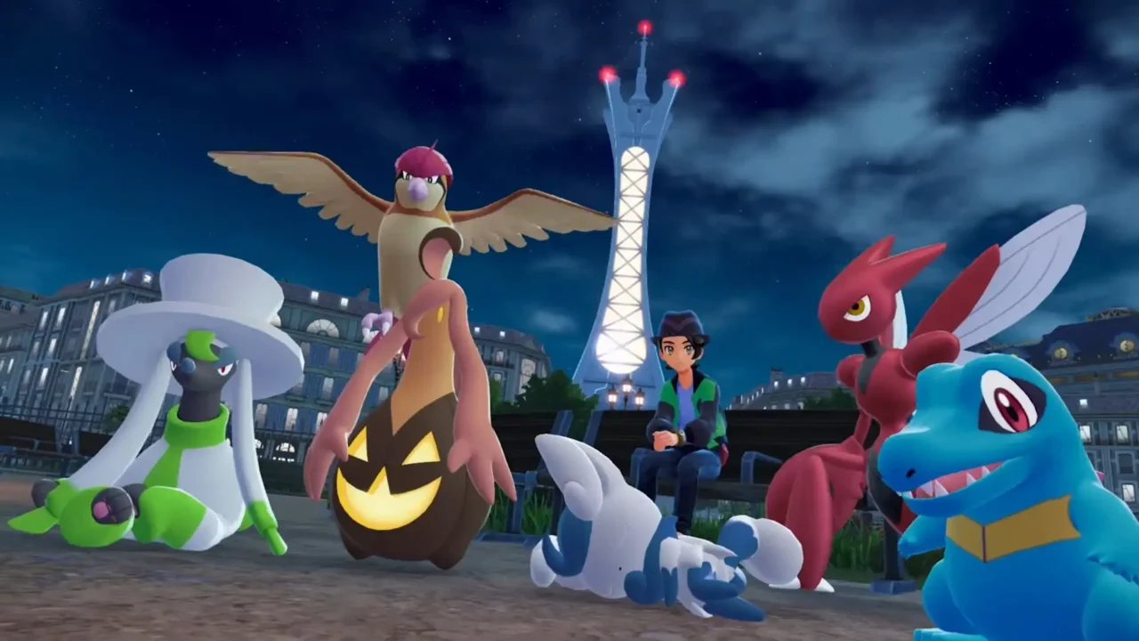 Pokémon Legends: Z-A screenshot of a trainer in Lumiose City at night with Totodile, Scizor, and other Pokémon in the foreground