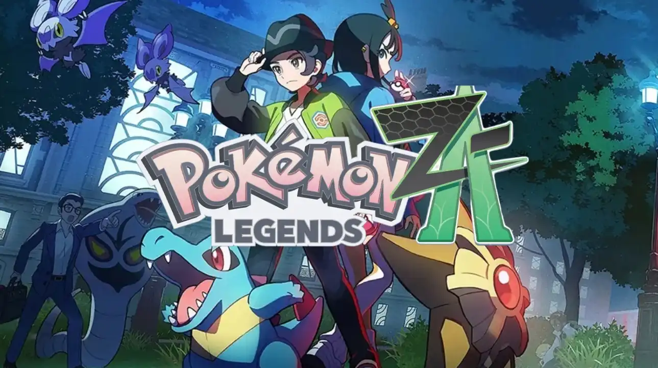 Pokémon Legends: Z-A key art showing protagonists with Totodile and other Pokémon in Lumiose City