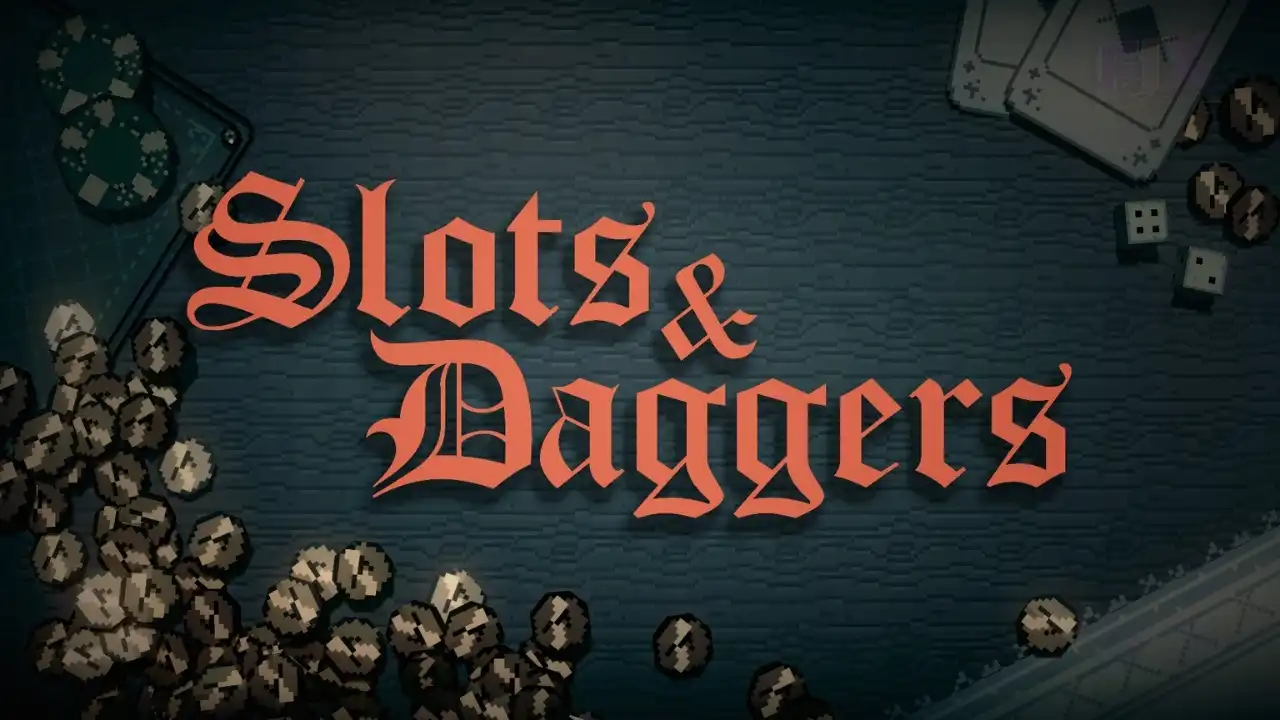 Slots & Daggers title screen with pixel coins, dice, and cards — Fix Gaming Channel