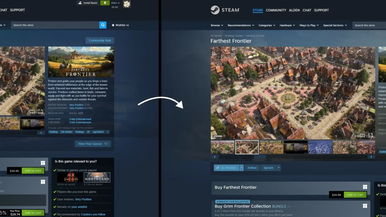 Side-by-side comparison of Steam store pages before (940px) and after (1200px) the layout update.