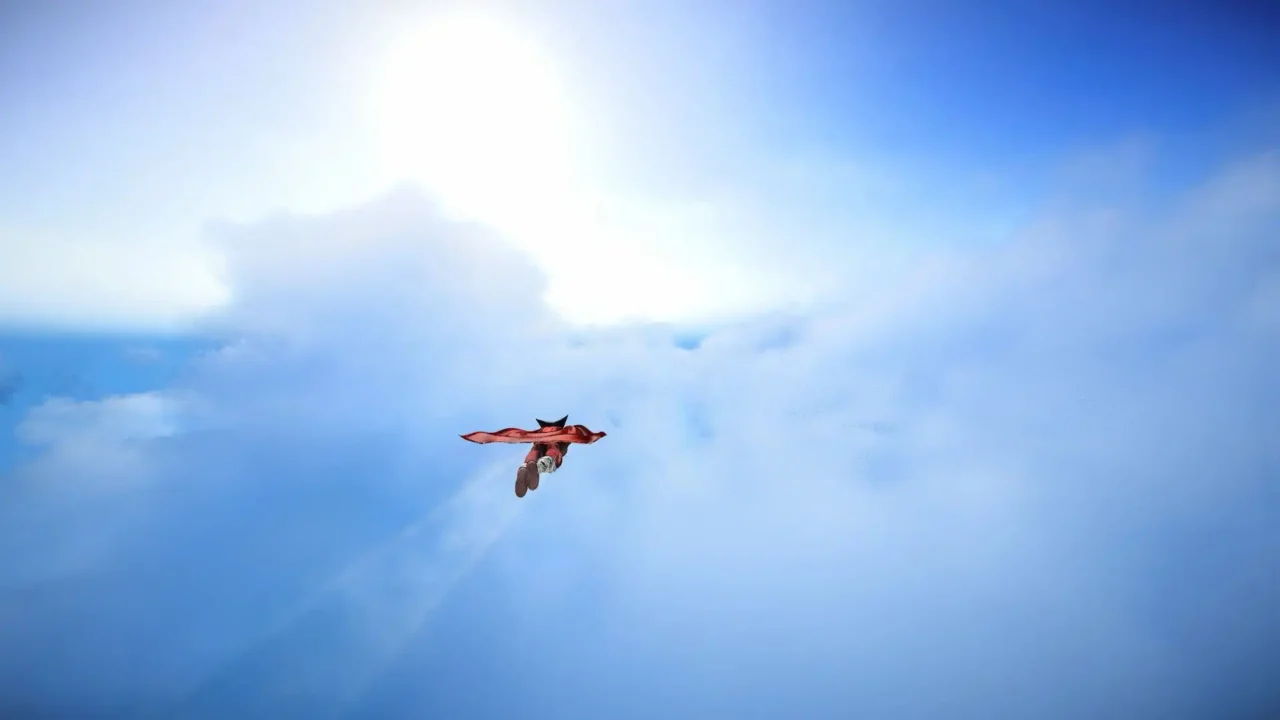 Superhero flying high above the clouds with a cape trailing behind in Superhero Simulator