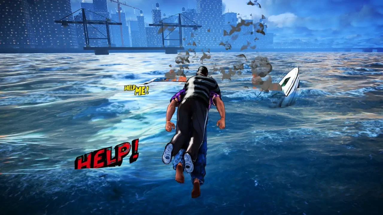 Superhero flying over the water toward a sinking boat with comic-style Help text in Superhero Simulator