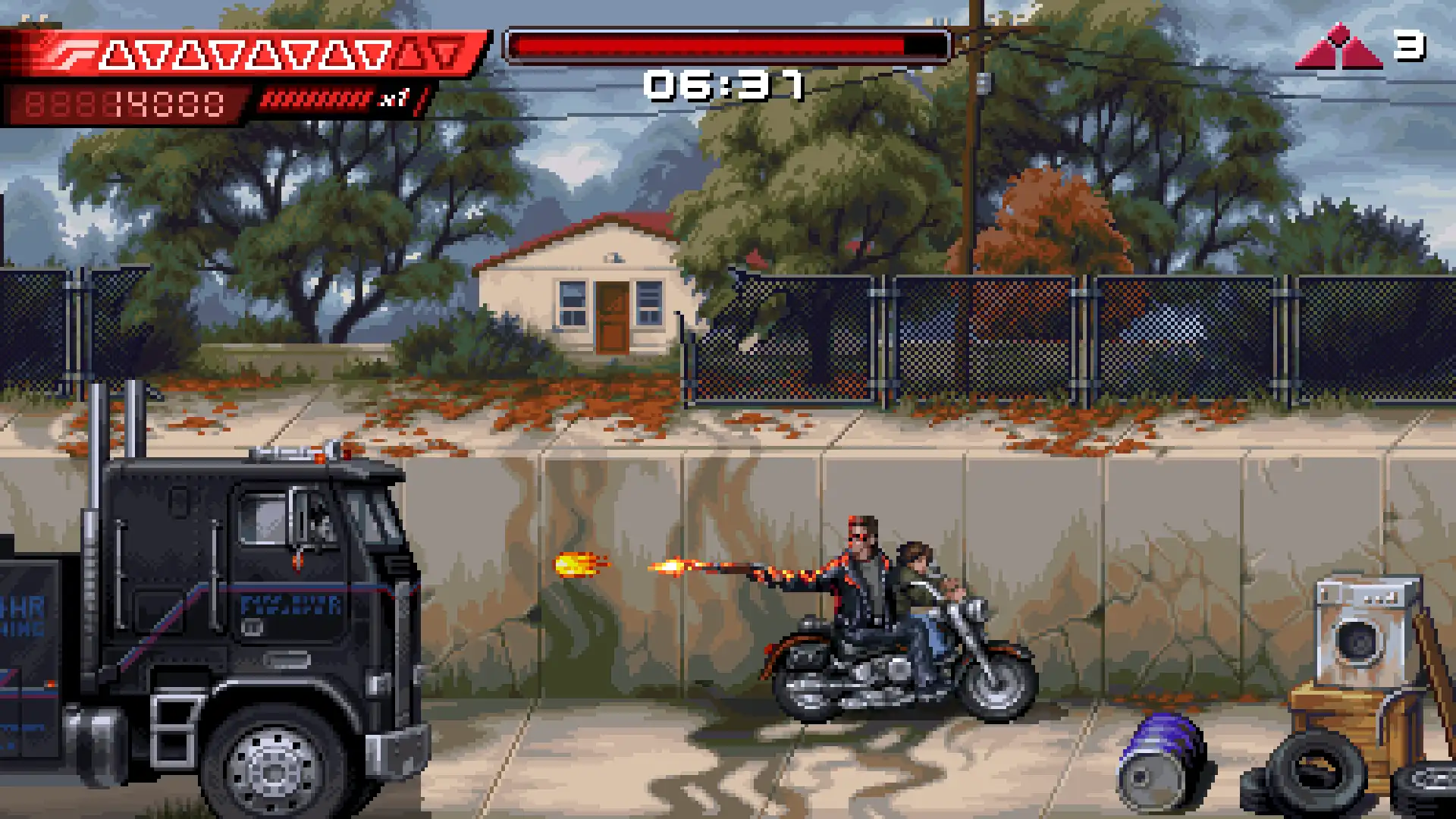 Terminator 2D: No Fate — the T-800 fires from a motorcycle with John Connor on the back during the LA spillway truck chase (pixel-art gameplay).