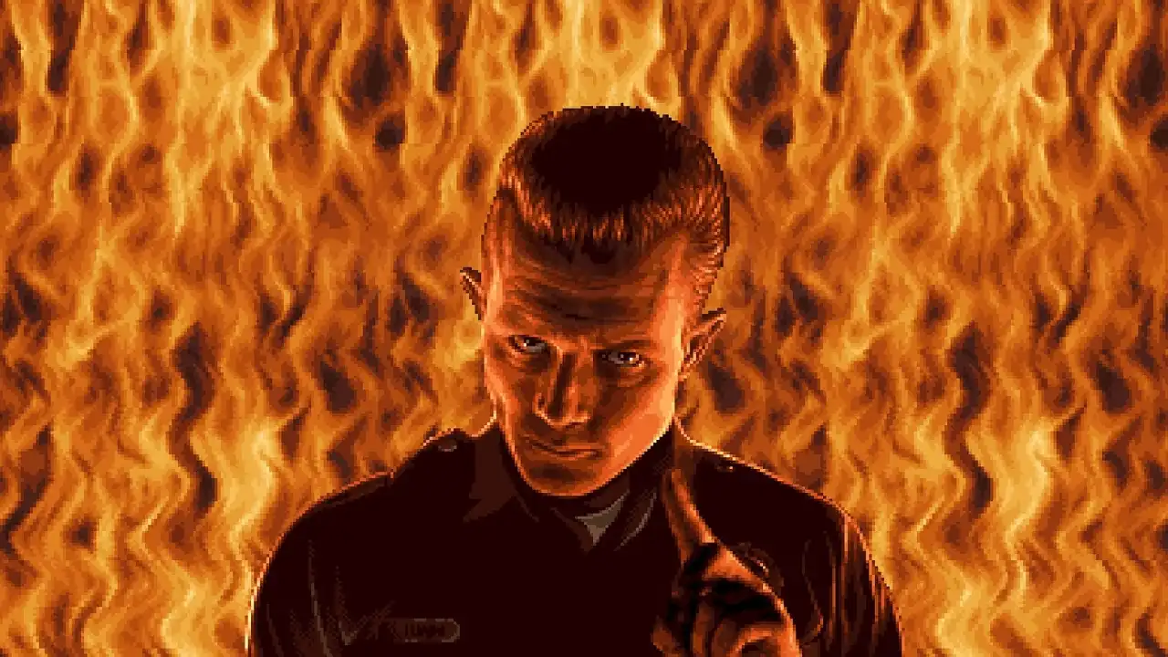 Terminator 2D: No Fate — the T-1000 points a warning finger against a wall of flames (pixel-art key art).
