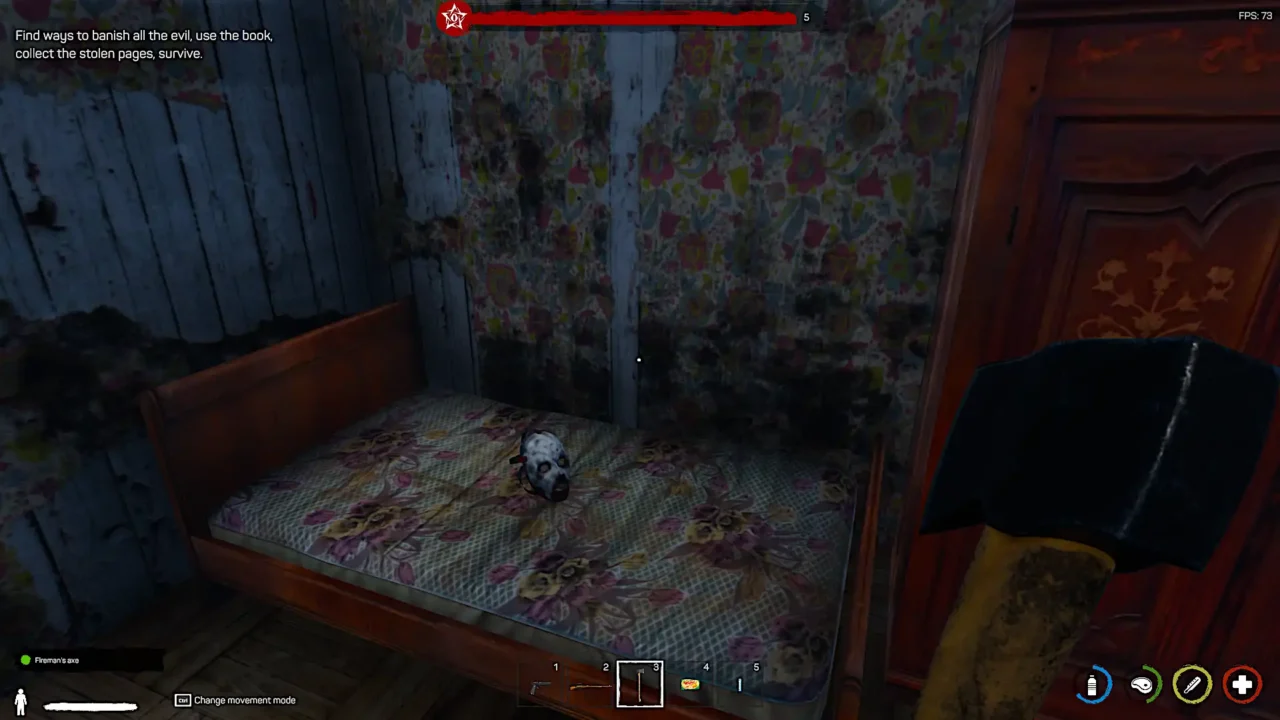 Abandoned bedroom with mold-stained walls and a ritual mask on the mattress