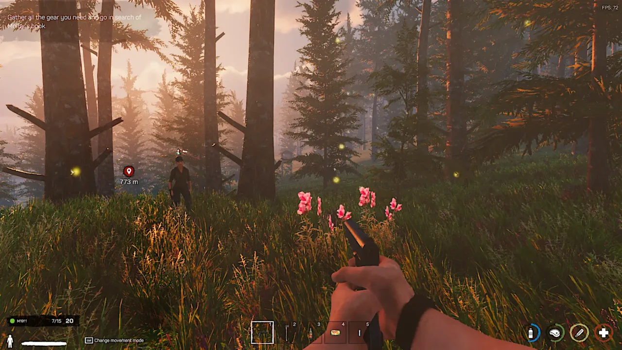 Sunset patrol in the woods with a pistol drawn and fireflies drifting