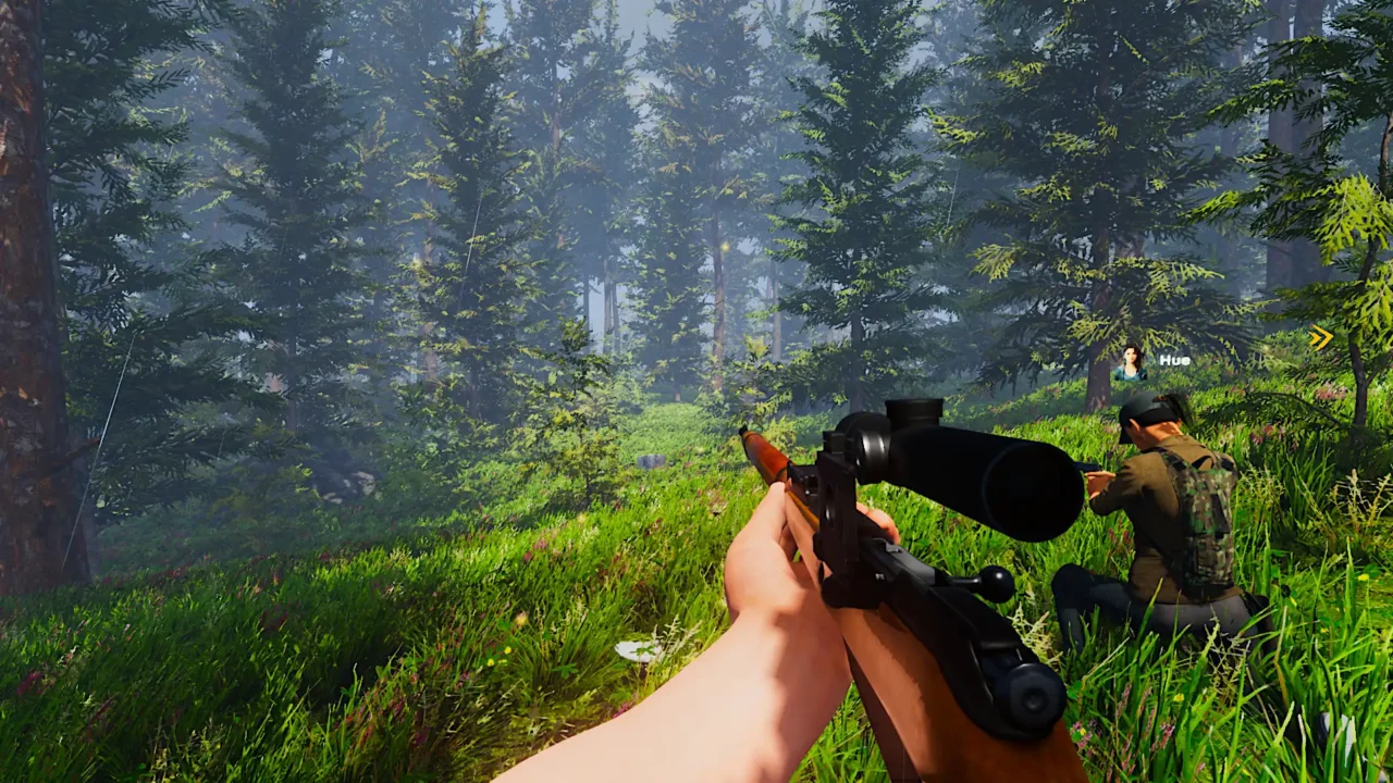 Co-op patrol in Svetlograd’s pine forest with a scoped rifle aimed ahead