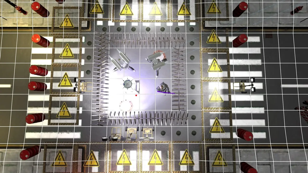 Overhead build grid with spikes, electric hazard tiles, and barrels surrounding the arena