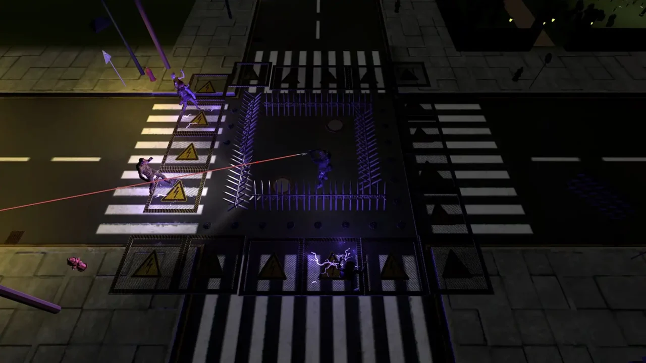 Top-down kill-box of spikes and electric plates catching zombies at a crosswalk