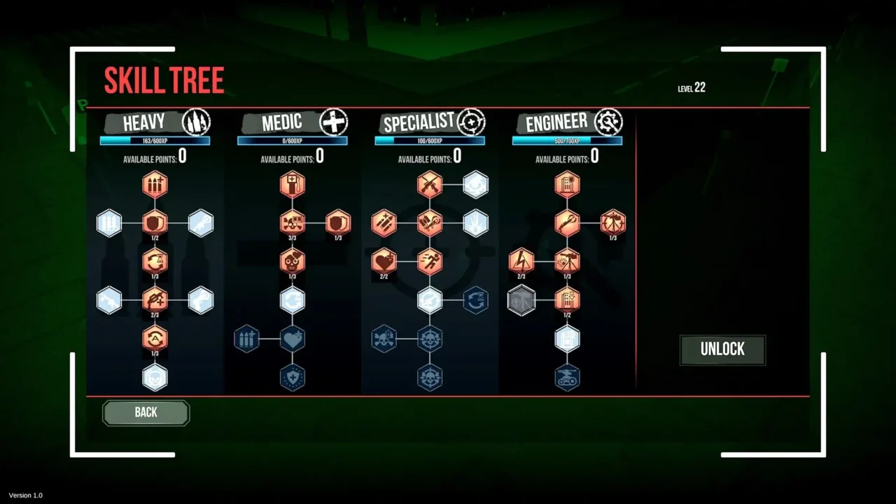 Skill tree UI showing Heavy, Medic, Specialist, and Engineer branches with perks