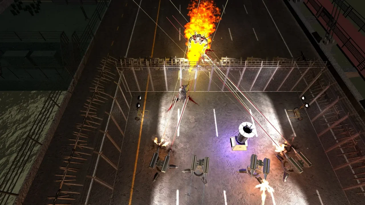 Overhead view of a fenced choke point with turrets firing and a burning zombie wave