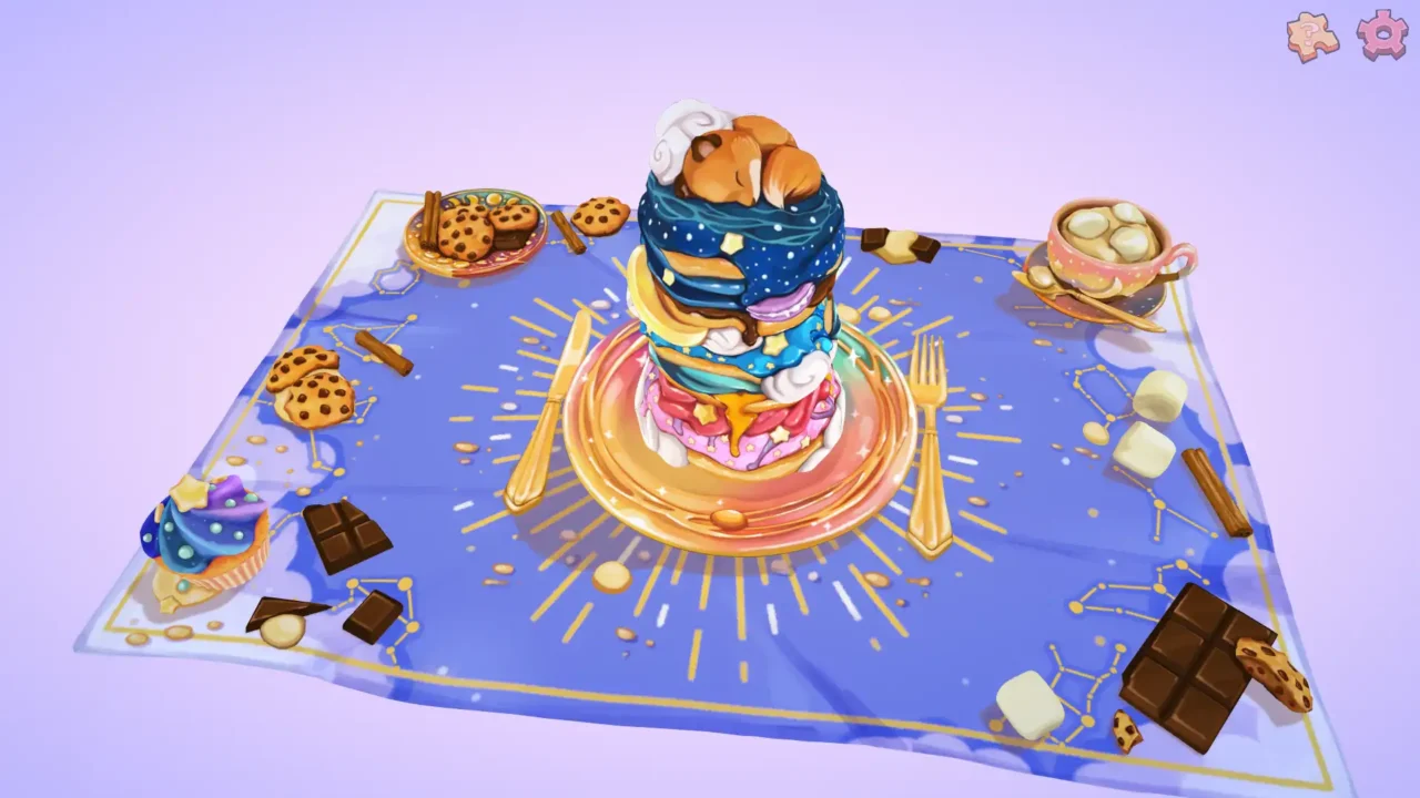 UMAMI screenshot of a constellation-themed dessert tower on a purple tablecloth with cookies, marshmallows, and gold cutlery