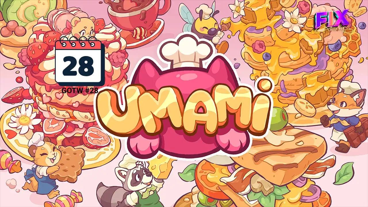 UMAMI Game of the Week #28 thumbnail with pink cat chef logo and dessert collage background