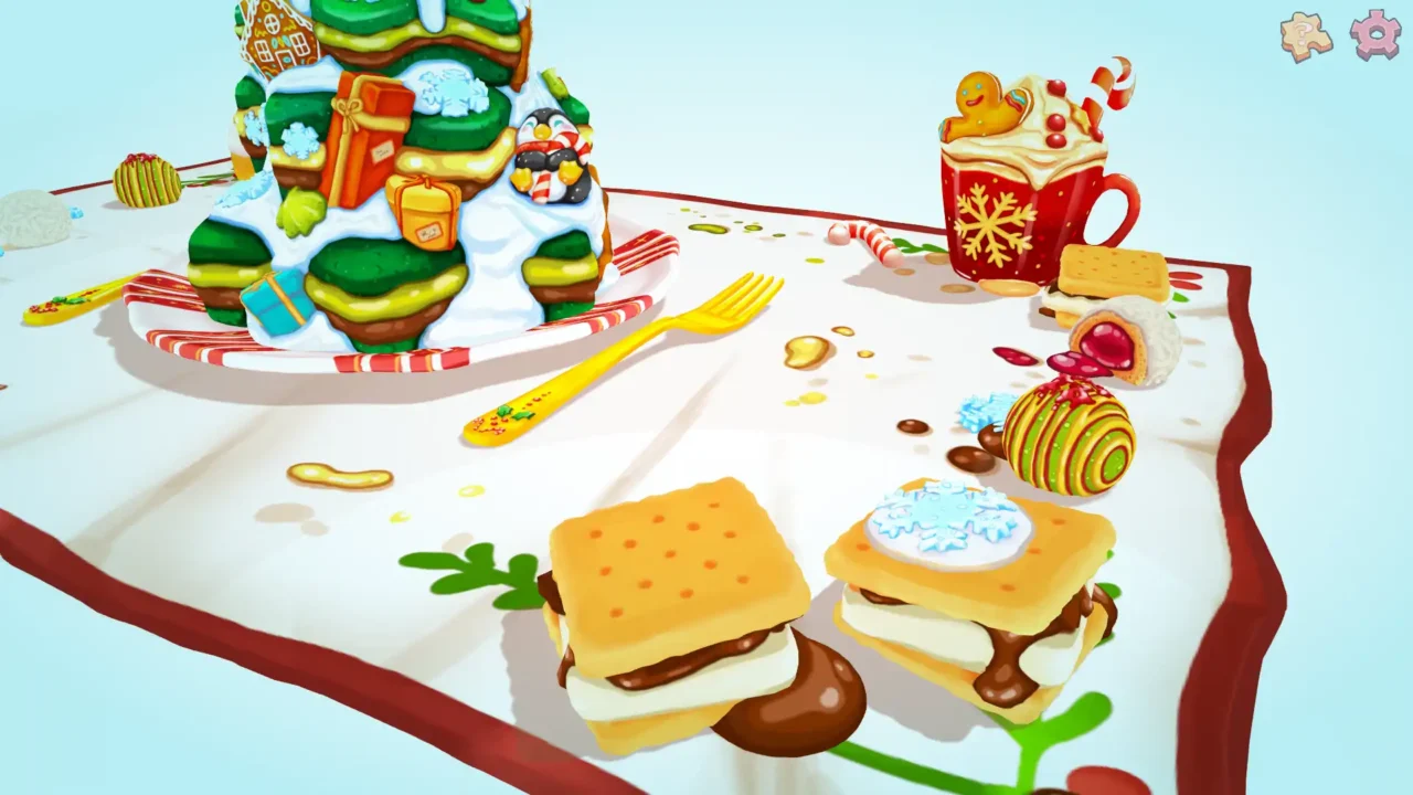 UMAMI screenshot of a festive dessert diorama with cookie stacks, gifts, and a gingerbread-topped mug