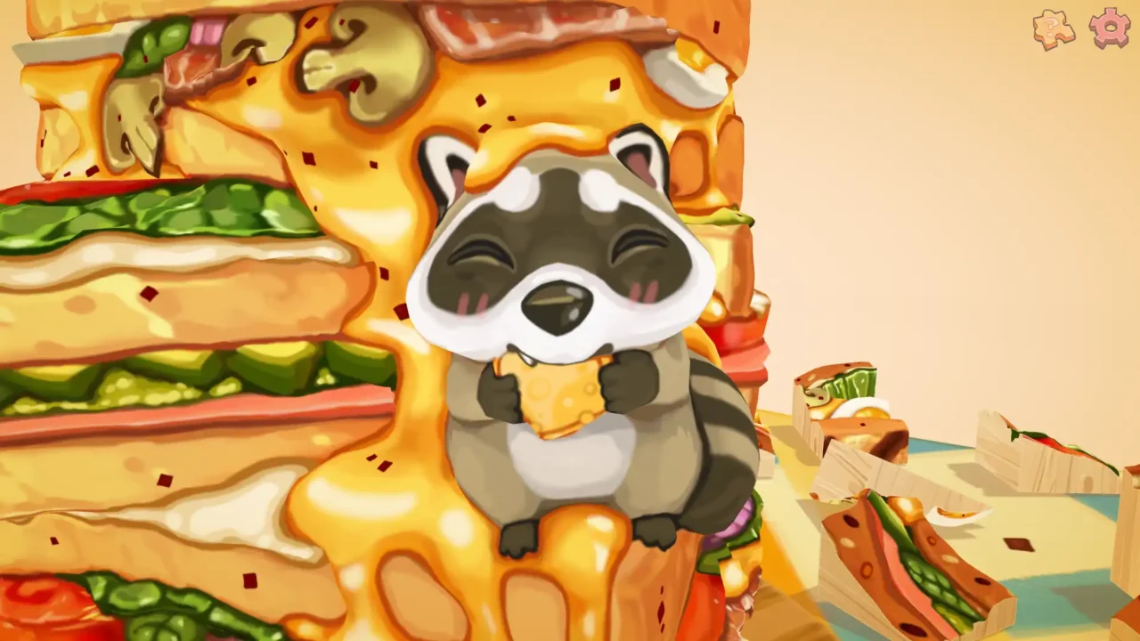 UMAMI close-up of a raccoon nibbling cheese inside a stacked sandwich tower