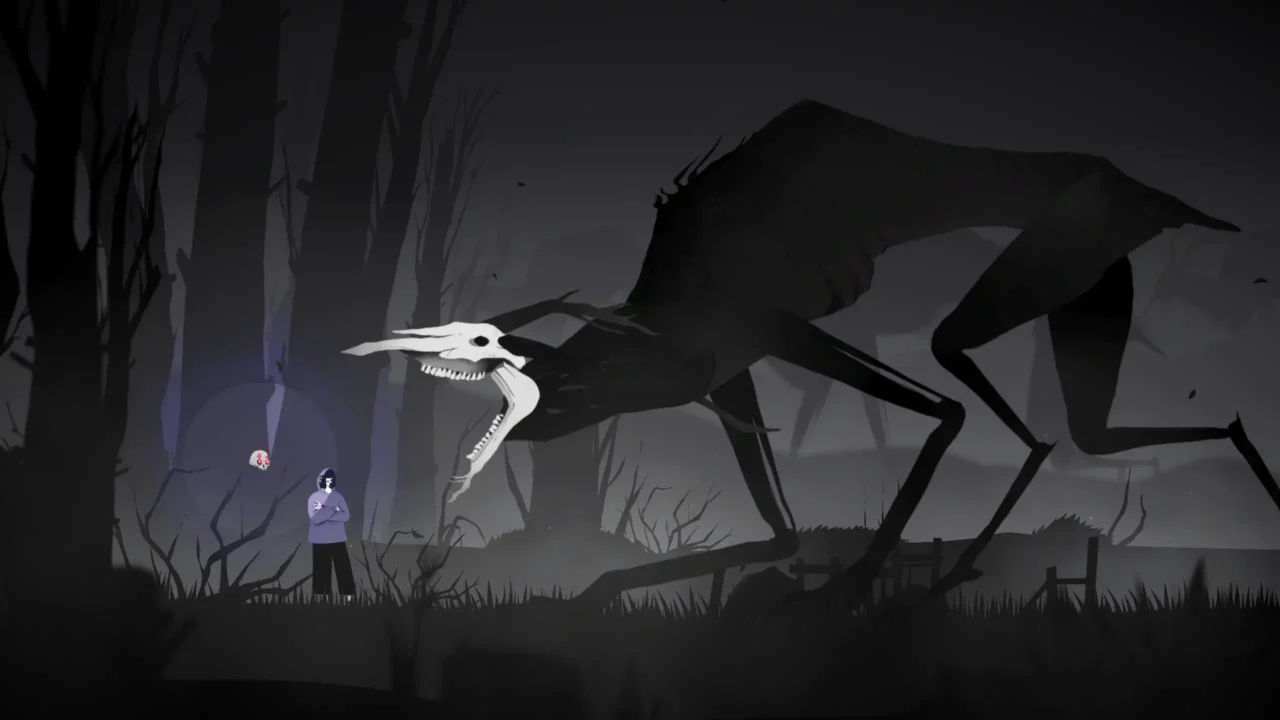 Vale and Echo facing a towering skeletal monster in a dark forest in Vale's Echo.