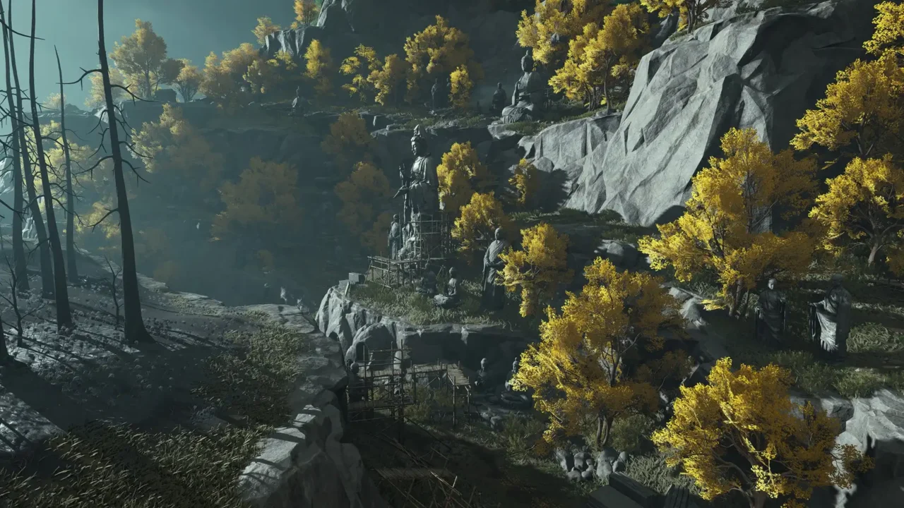 Cliffside path in Where Winds Meet lined with stone statues and yellow-leaved trees.