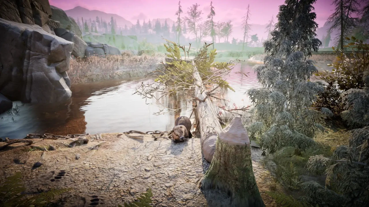 Quiet riverbank scene in Winter Survival with a felled tree, beaver and pink morning sky over the mountains.