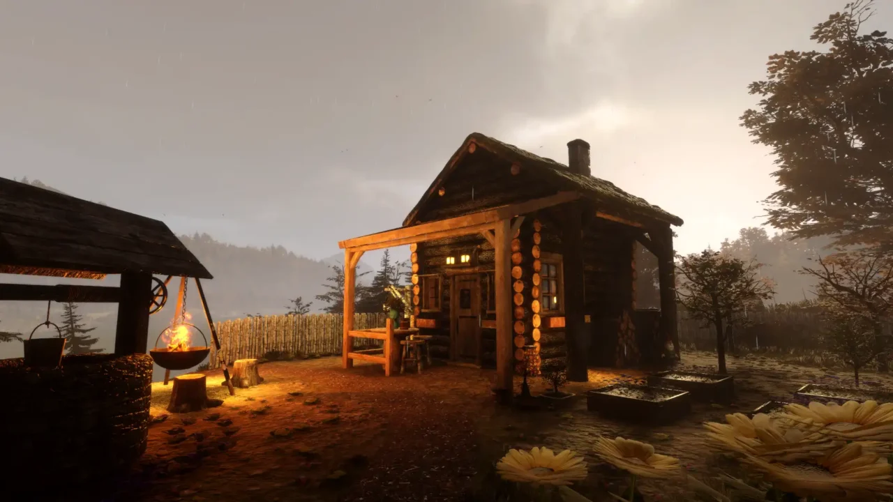 Warm-lit log cabin on a rainy evening with a campfire cooking pot outside in Log Away.