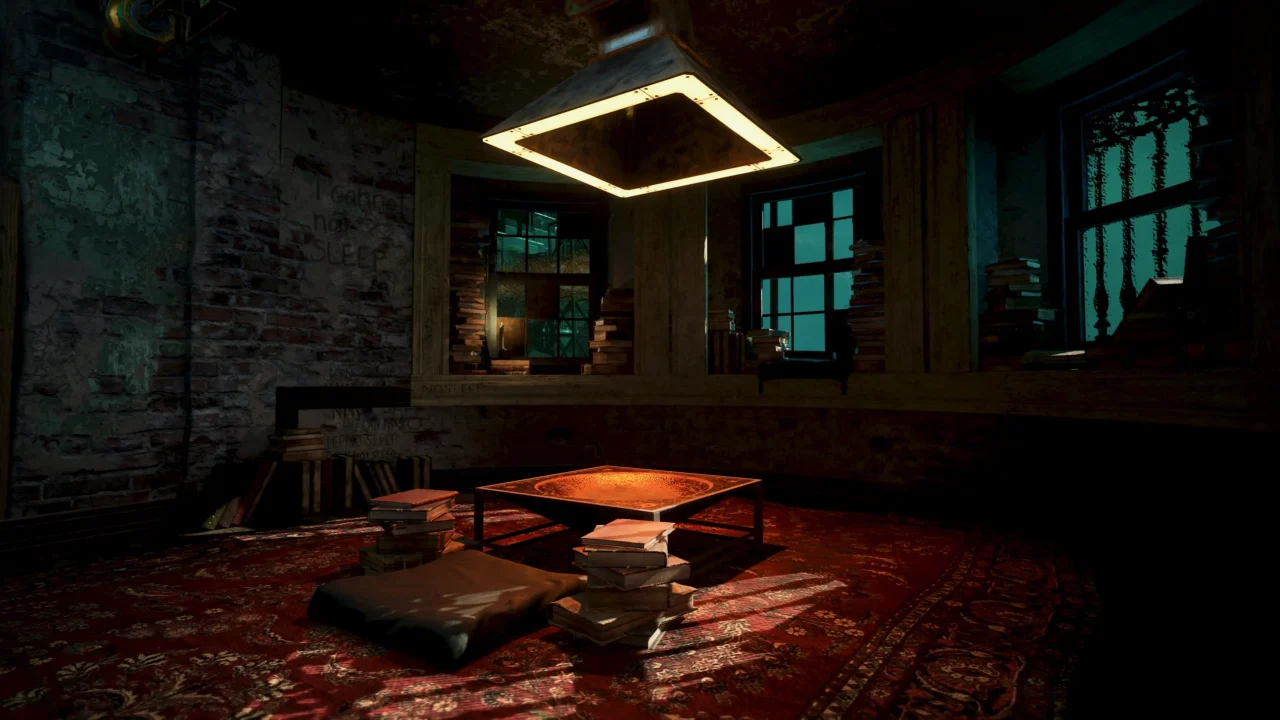 A dim interior room with a glowing square ceiling light, stacks of books, a low table, and a patterned rug, with blue-lit windows in the background.