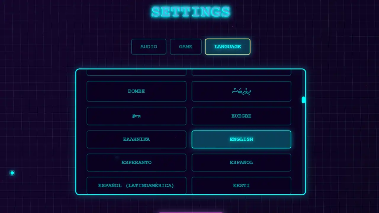 THE KULKA language settings menu with "English" selected and multiple language options listed.