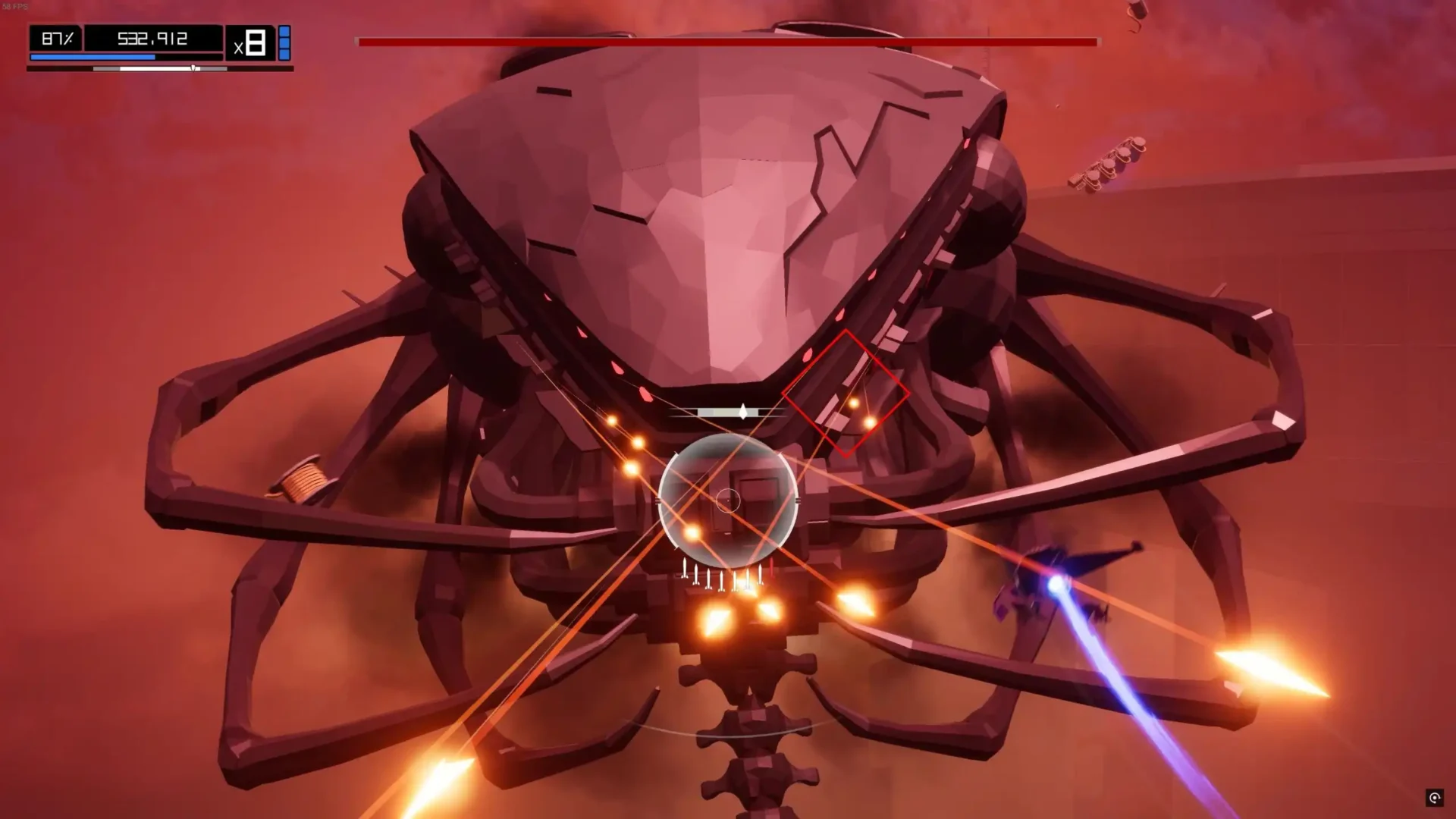 Aaero2 gameplay screenshot showing a player ship targeting a giant mechanical boss against a red sky